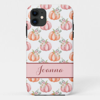 Cute Autumn Pink Waterverf Pumpkin gepersonaliseer iPhone 11 Hoesje