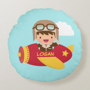 Cute Aviator Boy Airplane Kinder Room Decor Rond Kussen