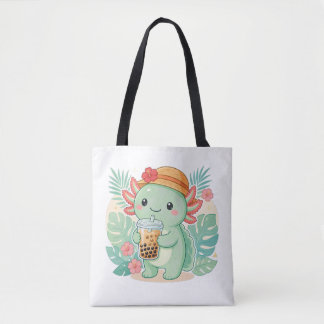 Cute Axolotl die Boba Milk Tea drinkt Boodschappen Draagtas