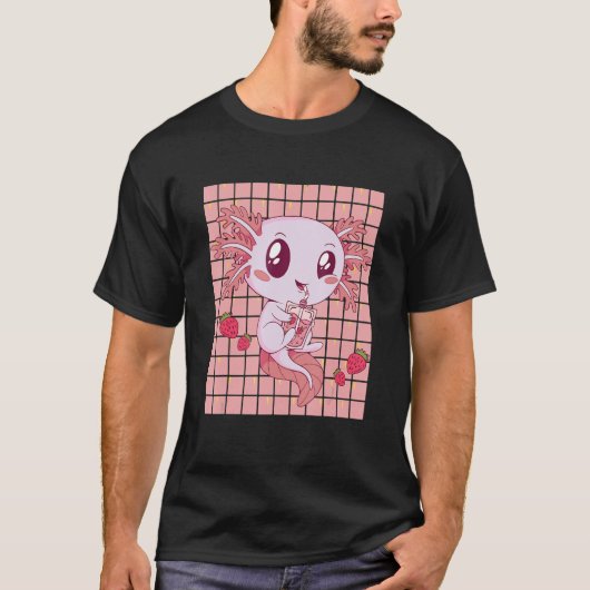 Cute Axolotl Drink aardbeienmelk T-shirt (Voorkant)