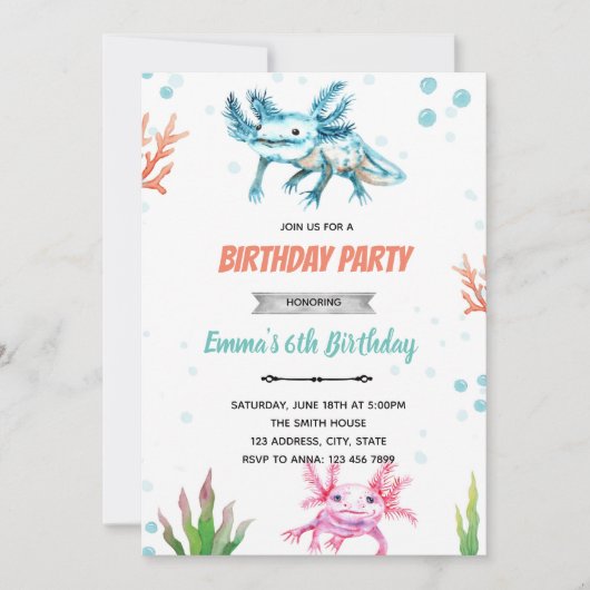 Cute axolotl verjaardagsuitnodiging kaart (Voorkant)