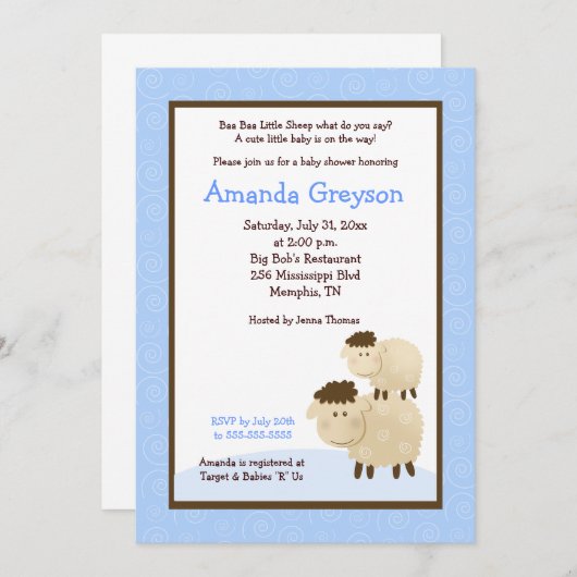 Cute Baa Baa Sheep 5x7 Baby shower Invitation Bleu (Devant / Derrière)
