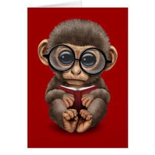 Cute Baby aap Leest een boek op rood