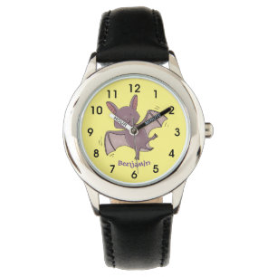 Cute baby bat vliegende cartoon illustratie horloge
