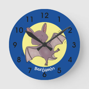 Cute baby bat vliegende cartoon illustratie ronde klok