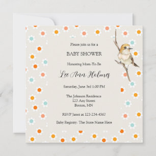 Cute Baby Bird Tiny Flowers Baby Shower Uitnodigin Kaart