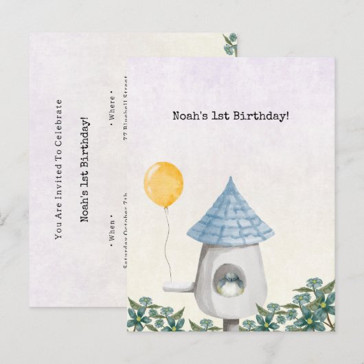 Cute Baby Bird With Yellow Balloon Invitation Briefkaart (Voorkant / Achterkant)
