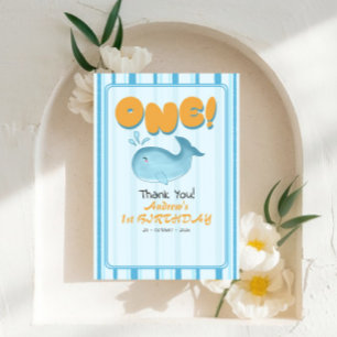 Cute Baby Blauwe Walvis 1e Verjaardag Strepen Bedankkaart