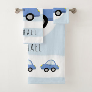 Cute Baby Boy Blue Car Vehicle & Name Bad Handdoek