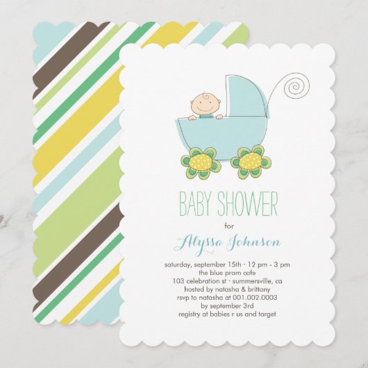 Cute Baby Boy Blue Pram Baby shower Invitation (Devant / Derrière)