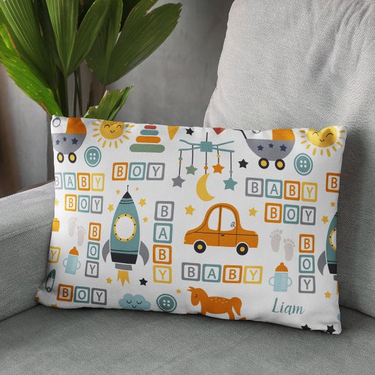 Cute Baby Boy Car en Speelgoed Pattern met naam Accent Kussen