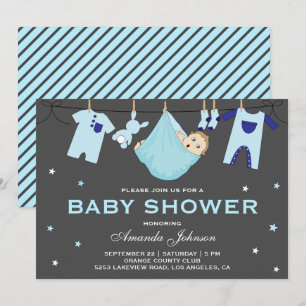 Cute Baby Boy Clothesline Baby Shower Uitnodiging