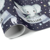 Cute Baby Boy Elephant Custom Name Stars Blue Cadeaupapier (Rol Hoek)