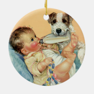 Cute Baby Boy met fles en puppy Dog Keramisch Ornament