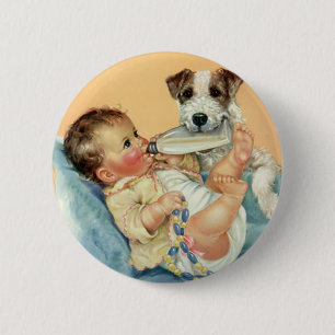 Cute Baby Boy met fles en puppy Dog Ronde Button 5,7 Cm