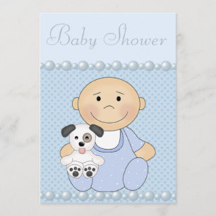 Cute Baby Boy & Puppy Blue Baby shower Kaart