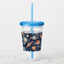 Cute Baby Boy Space Planet Waterverf Blue Oranje Acryl Drinkbeker