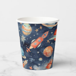 Cute Baby Boy Space Planet Waterverf Blue Oranje Papieren Bekers