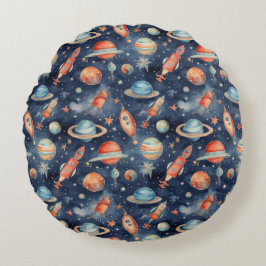 Cute Baby Boy Space Planet Waterverf Blue Oranje Rond Kussen