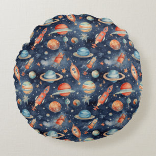 Cute Baby Boy Space Planet Waterverf Blue Oranje Rond Kussen