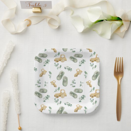 Cute Baby Cars And Shoes Newborn Babyshower Plate Papieren Bordje (Huwelijk)