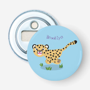 Cute baby cheetah draaiende cartoon illustratie button flesopener