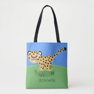 Cute baby cheetah draaiende cartoon illustratie draagtas