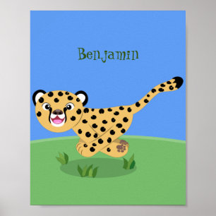 Cute baby cheetah draaiende cartoon illustratie poster
