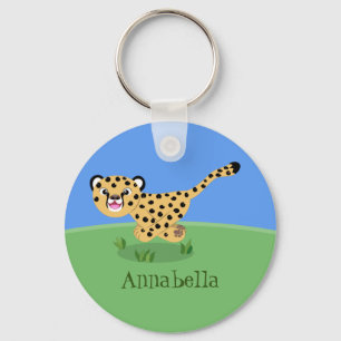 Cute baby cheetah draaiende cartoon illustratie sleutelhanger