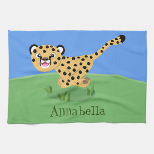 Cute baby cheetah draaiende cartoon illustratie theedoek