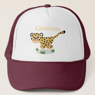 Cute baby cheetah draaiende cartoon illustratie trucker pet