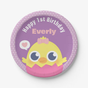 Cute Baby Chick Girl First Birthday Party Supply Papieren Bordje