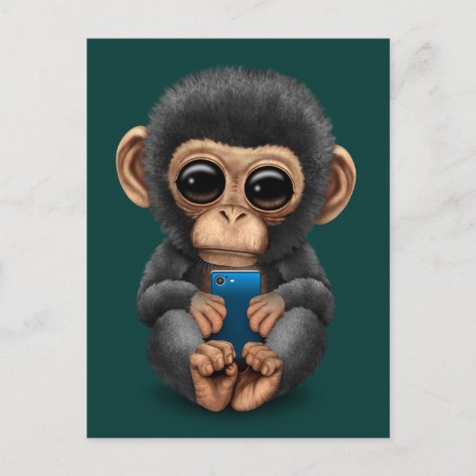 Cute Baby Chimpansee die een Blauwgroen mobiele te Briefkaart (Voorkant)