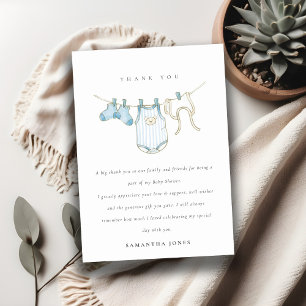 Cute Baby Clothesline Aqua Blue Boy Baby shower Bedankkaart