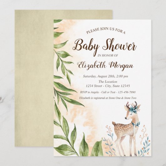 Cute Baby Deer Leaves Baby shower Invitation Kaart (Voorkant / Achterkant)