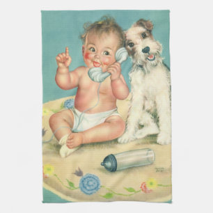  Cute Baby die op Puppy Dog van de Telefoon spreek Theedoek