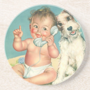 Cute Baby die op Puppy Dog van de Telefoon spreek Zandsteen Onderzetter