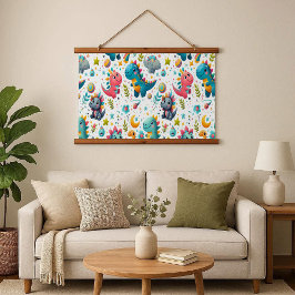 Cute Baby Dinosaur Teal Dino Wood Frame Tapestry Hangend Wandkleed