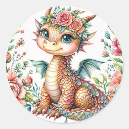 Cute Baby Dragon Blossoms – Floral Watercolor Ronde Sticker