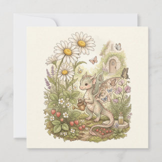 Cute Baby Dragon Gardening in Fairytale Cottage