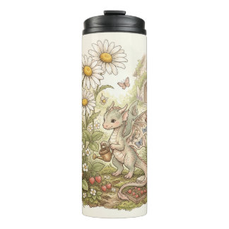 Cute Baby Dragon Gardening in Fairytale Cottage Thermosbeker