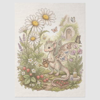 Cute Baby Dragon Gardening in Fairytale Cottage Tissuepapier