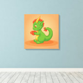 Cute Baby Dragon Holding Cup on Orange Canvas Afdruk (Insitu (Houten vloer))