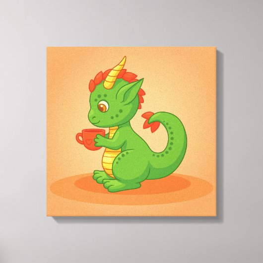 Cute Baby Dragon Holding Cup on Orange Canvas Afdruk (Voorkant)
