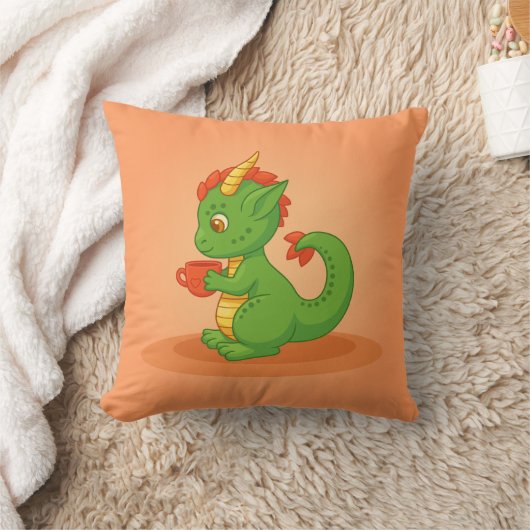 Cute Baby Dragon Holding Cup on Orange Kussen (Deken)