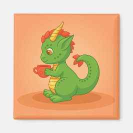 Cute Baby Dragon Holding Cup on Orange Magneet