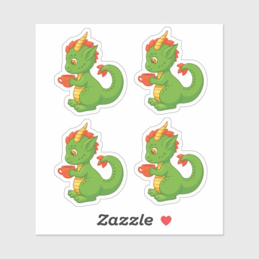Cute Baby Dragon Holding Cup Set of 4 Sticker (Feuille)