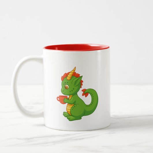 Cute Baby Dragon Holding Cup Two-Tone Mug (Gauche)