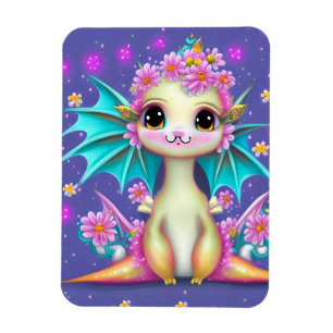 Cute Baby Dragon met roze bloemen Magneet