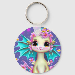 Cute Baby Dragon met roze bloemen Sleutelhanger